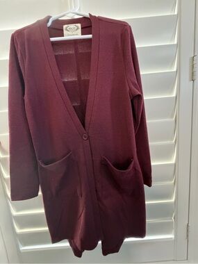Girls Size 7 Cozy Long Cardigan with Pockets - Wine Burgundy